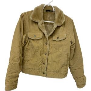 Hurley Jacket Womens Corduroy Fur Trim Lining Beige Button Up Collared Vintage